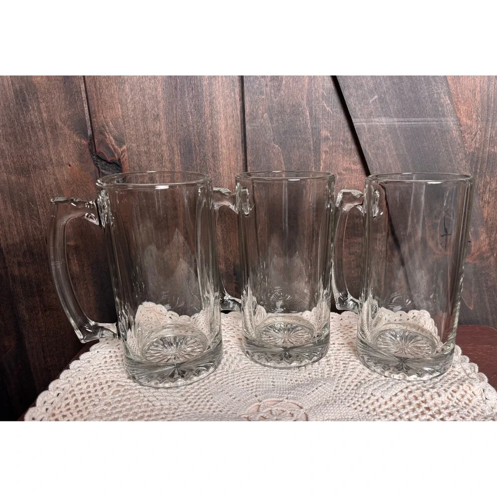 Vintage Heavy Glass Set of 3 Beer Mugs‎ Drinking Glasses with Starburst Base